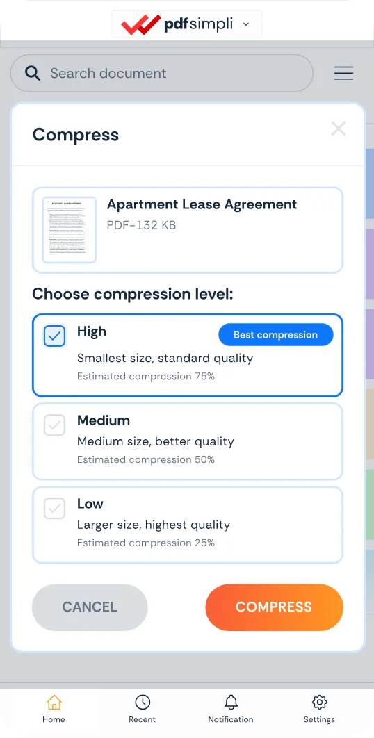The CompressSimpli app showing a file before and after compression